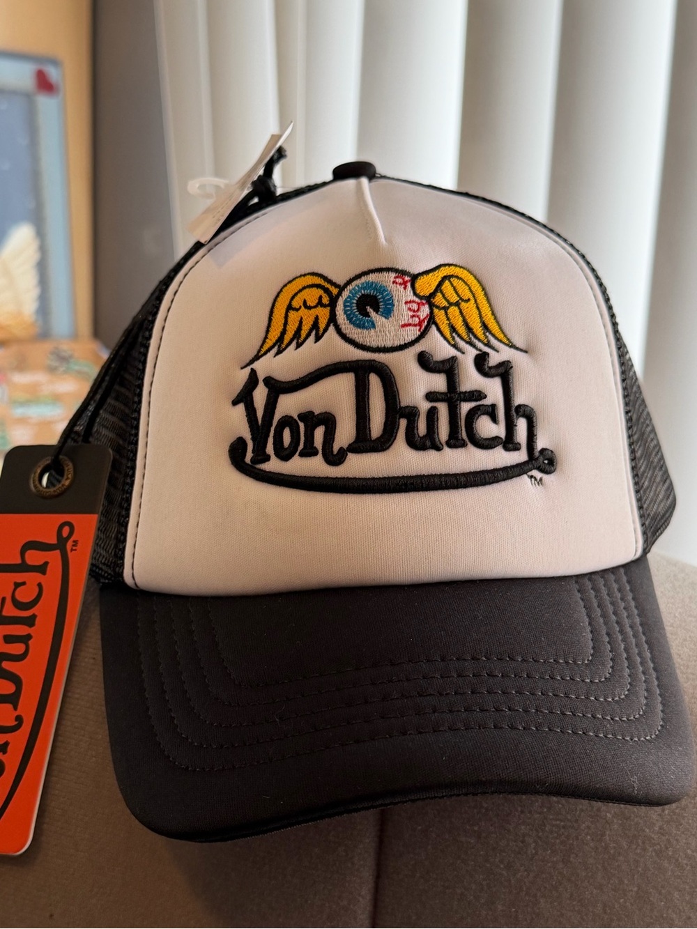Von Dutch Black & White Trucker Hat with Winged Eyeball Logo